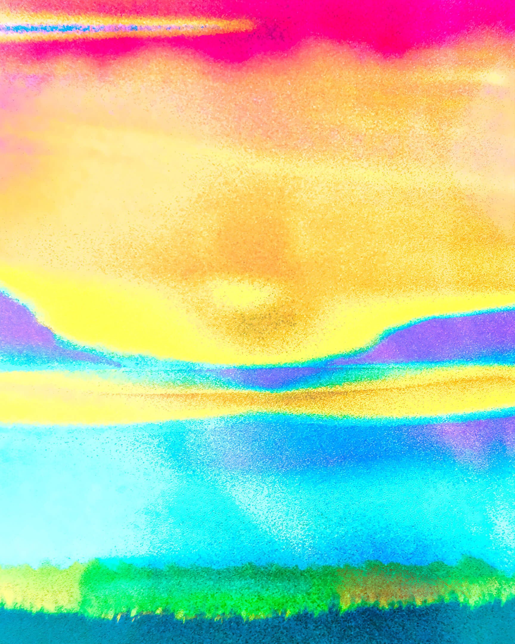 The image is of "Raising Energy I," an artwork that displays a vibrant spectrum of colours, with a bright yellow centre fading into blue at the bottom and a pink hue at the top. The colours are layered with horizontal bands that create a sense of movement, like waves of emotion. The lower part features a denser texture, giving the impression of a lush, lively field. This piece evokes a mix of hope and apprehension, embodying the complex feelings brought on by challenging times.