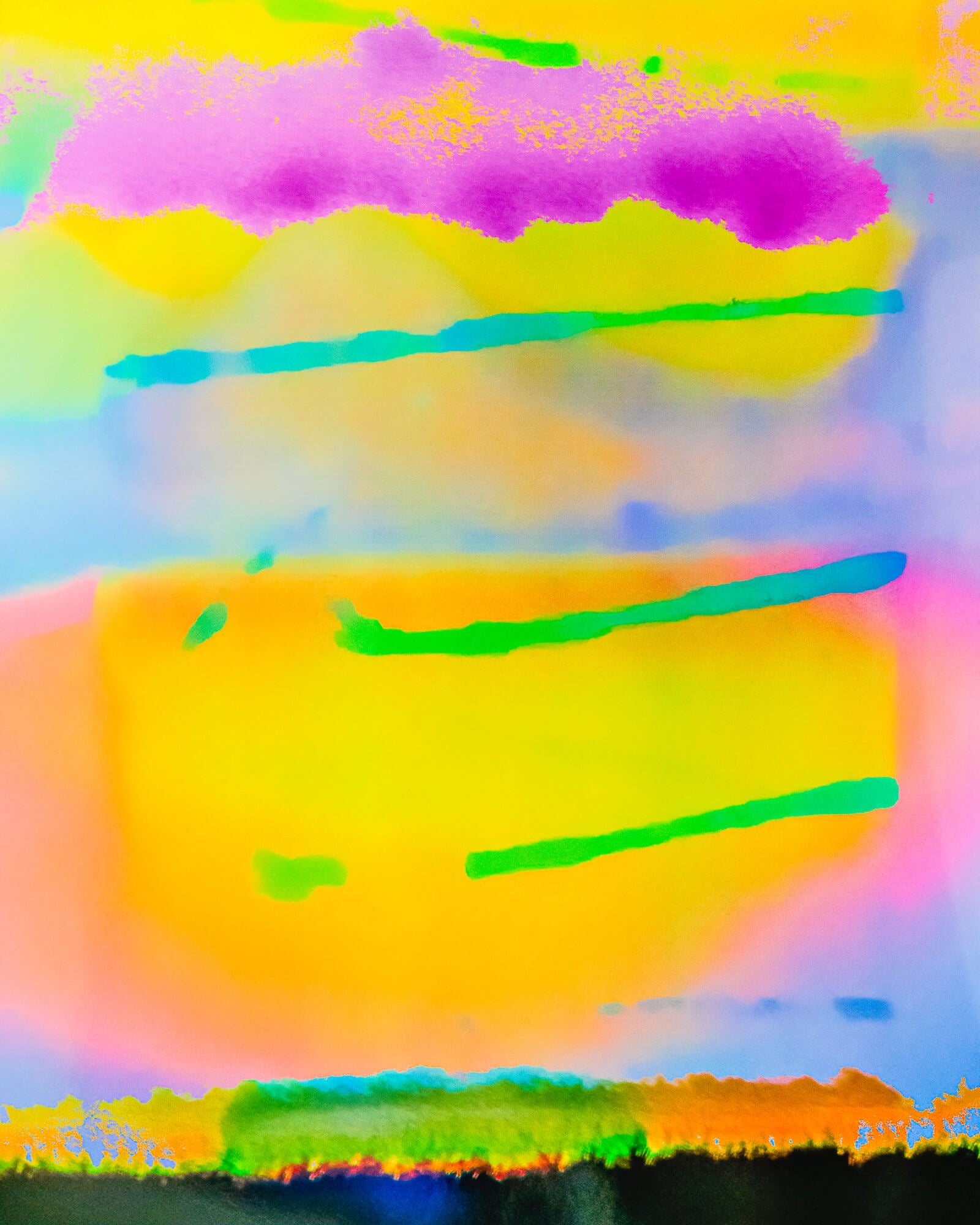The image displays "Raising Energy !!," an artwork vibrant with bright, bold colours. The top features a swath of vivid pink, below which layers of yellow, green, and blue bands stretch horizontally across the piece. These energetic stripes are set against a glowing orange backdrop, suggesting a mix of emotions through colour. At the bottom, a burst of darker colours grounds the composition. The piece exudes a sense of motion and the courage to find joy even in challenging times.