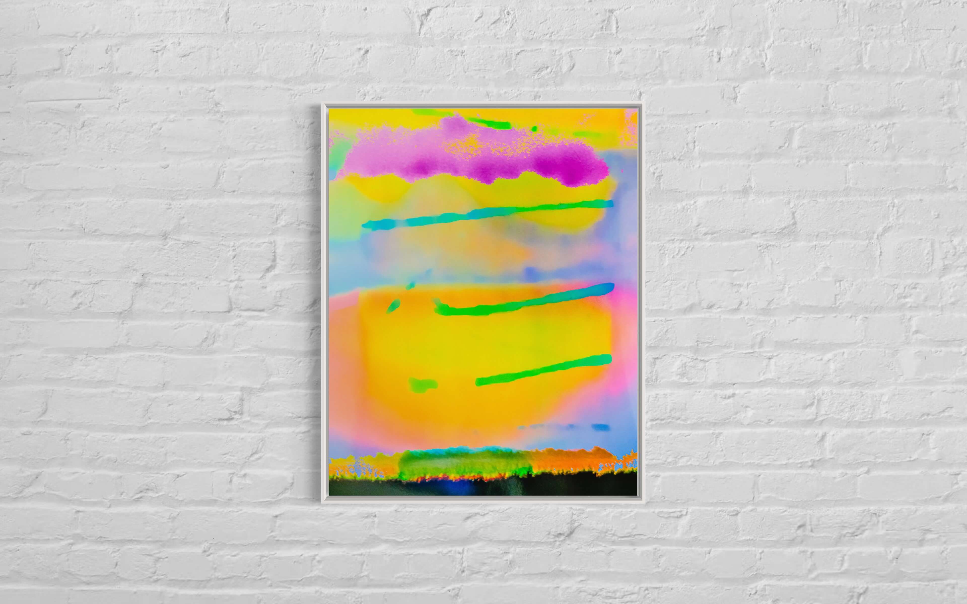 The image shows "Raising Energy !!," an artwork displayed on a white brick wall. It features bold, luminous colours—vivid pink at the top with streaks of yellow, green, and blue below, all set against a bright orange background. These colours seem to float on the canvas, creating a sense of energy and movement. The piece adds a splash of colour and emotion to the otherwise stark setting.