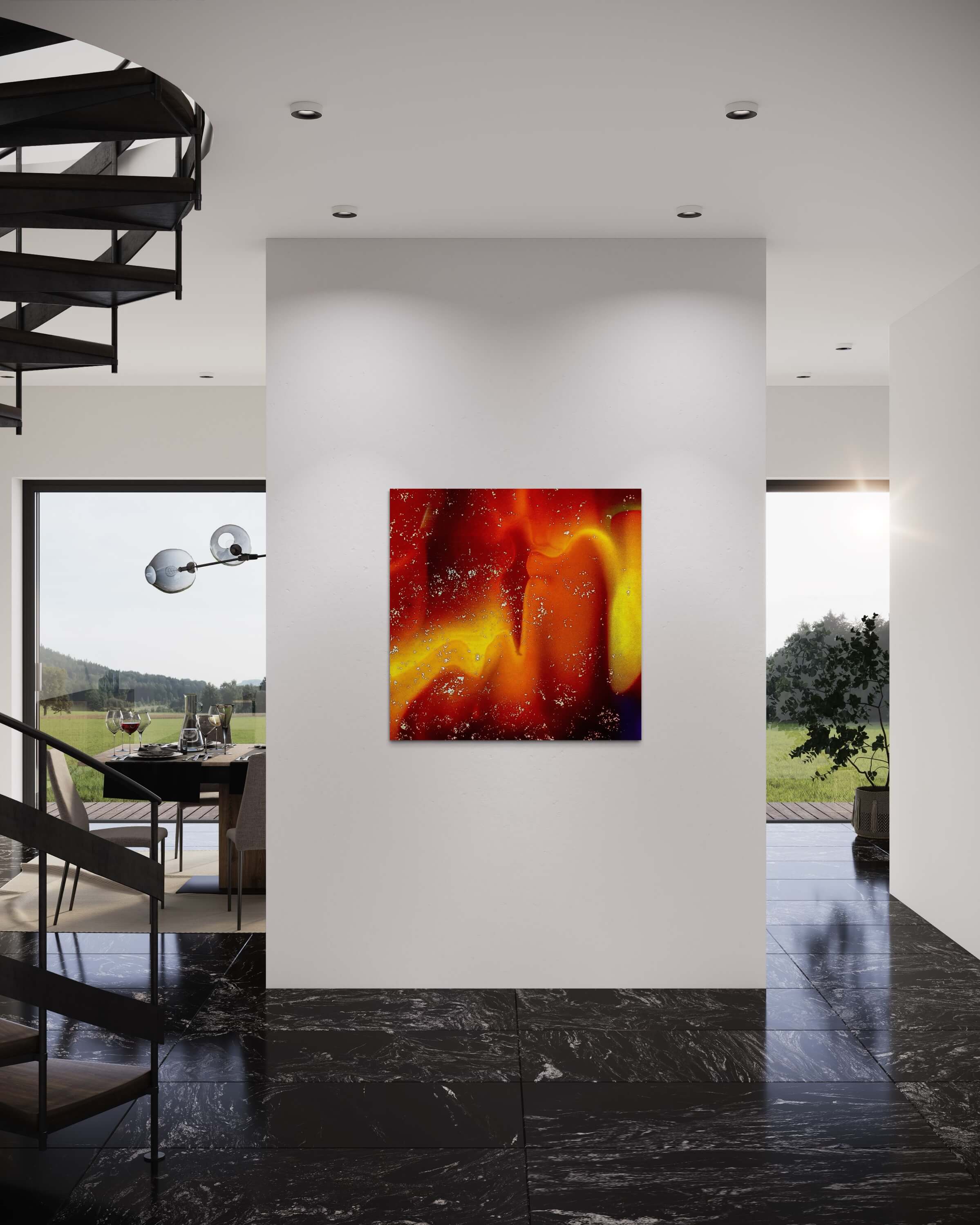 This image displays "Flaming," a vivid artwork, hanging on a white wall in a modern, well-lit interior. The piece features intense reds and yellows with speckles that resemble glowing sparks. The floor is glossy black marble, reflecting the room's open space. A sleek staircase to the left and a glimpse of a dining area with a large window overlooking greenery are also visible, giving a sense of a luxurious, contemporary home.